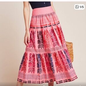 Anthropologie Pink Smocked Tiered Midi Skirt